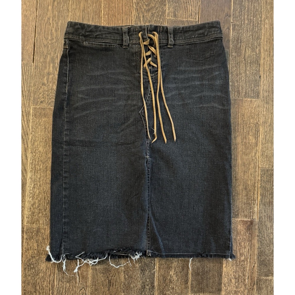 Express Women's Black High Rise Perfect Stretch Denim Jean Skirt Laced Up Sz 5/6